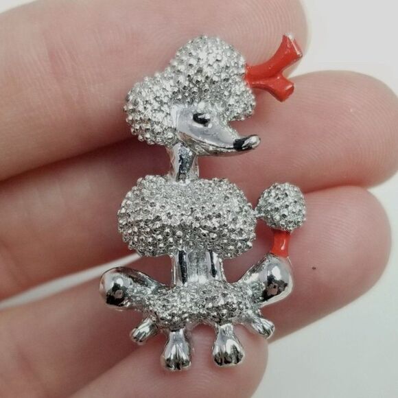 Vintage Little Poodle Dog Shape Brooch with Red Bow, Silver Tone Lapel Pin - Picture 1 of 6